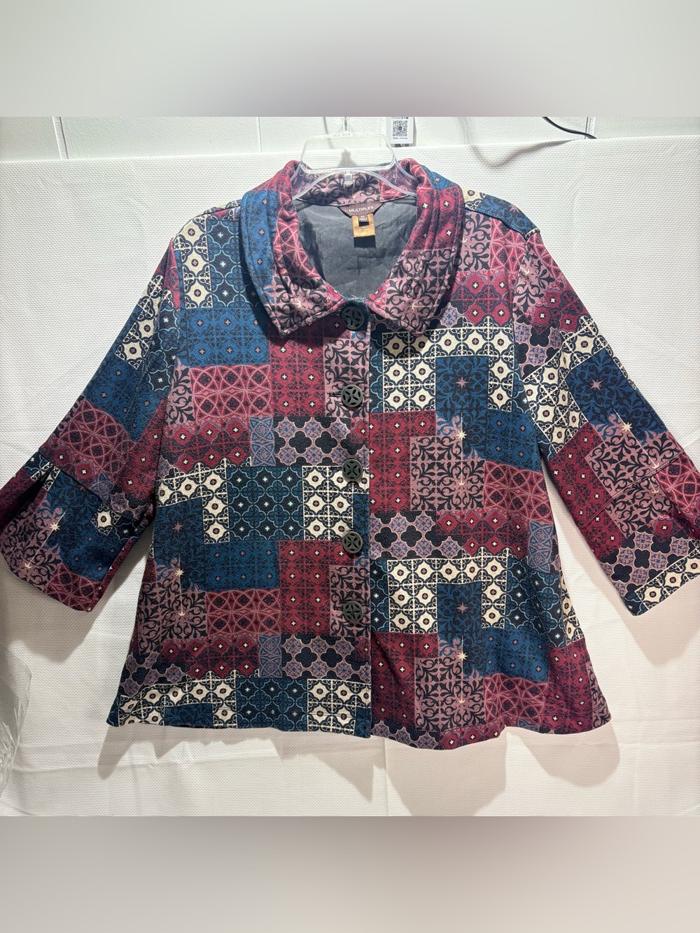 Multiples Patchwork Print Button-Front Jacket in Blue & Burgundy